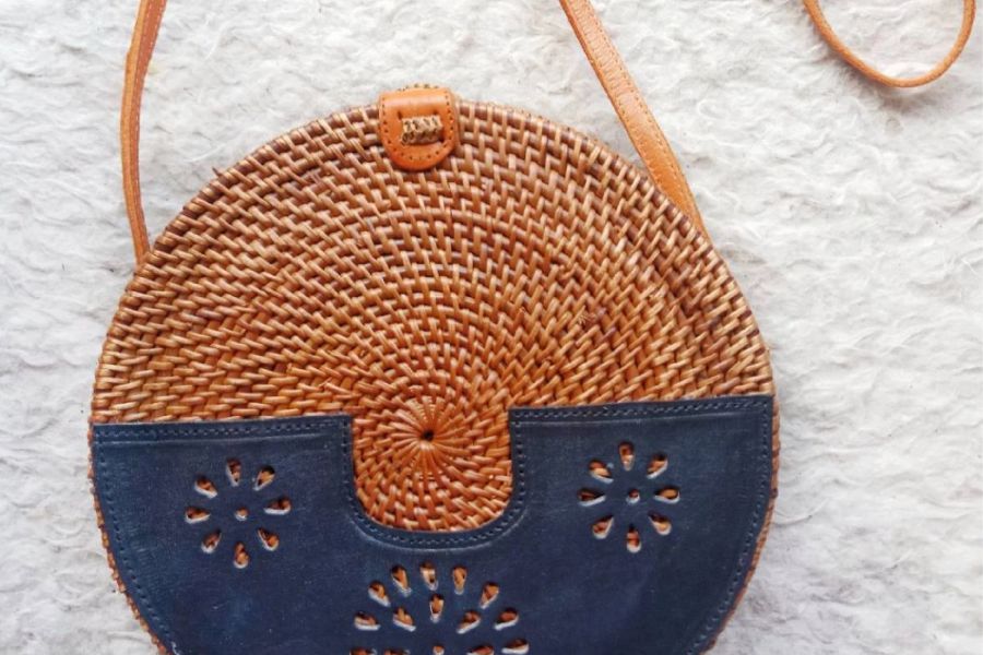 Rattan Bags White with Leather Design